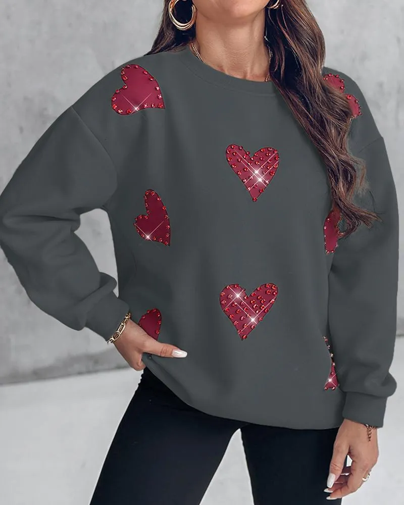 Heart Print Long Sleeve Rhinestone Decor Sweatshirt