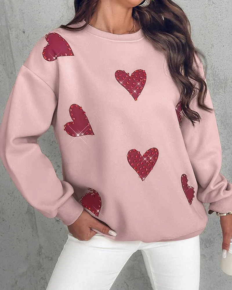 Heart Print Long Sleeve Rhinestone Decor Sweatshirt