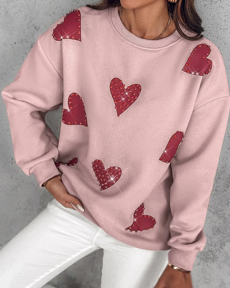 Heart Print Long Sleeve Rhinestone Decor Sweatshirt