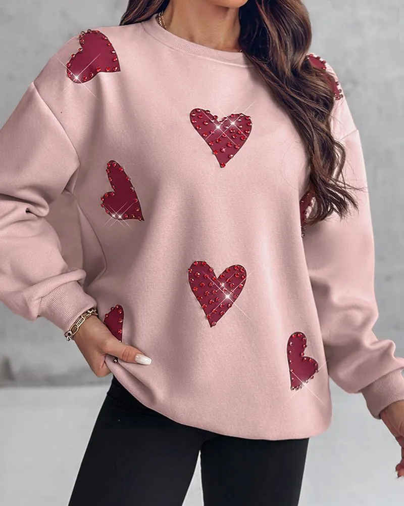 Heart Print Long Sleeve Rhinestone Decor Sweatshirt