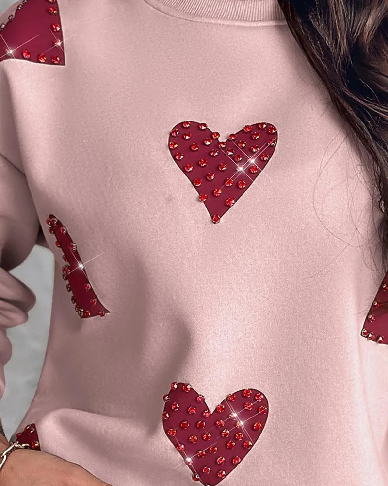 Heart Print Long Sleeve Rhinestone Decor Sweatshirt