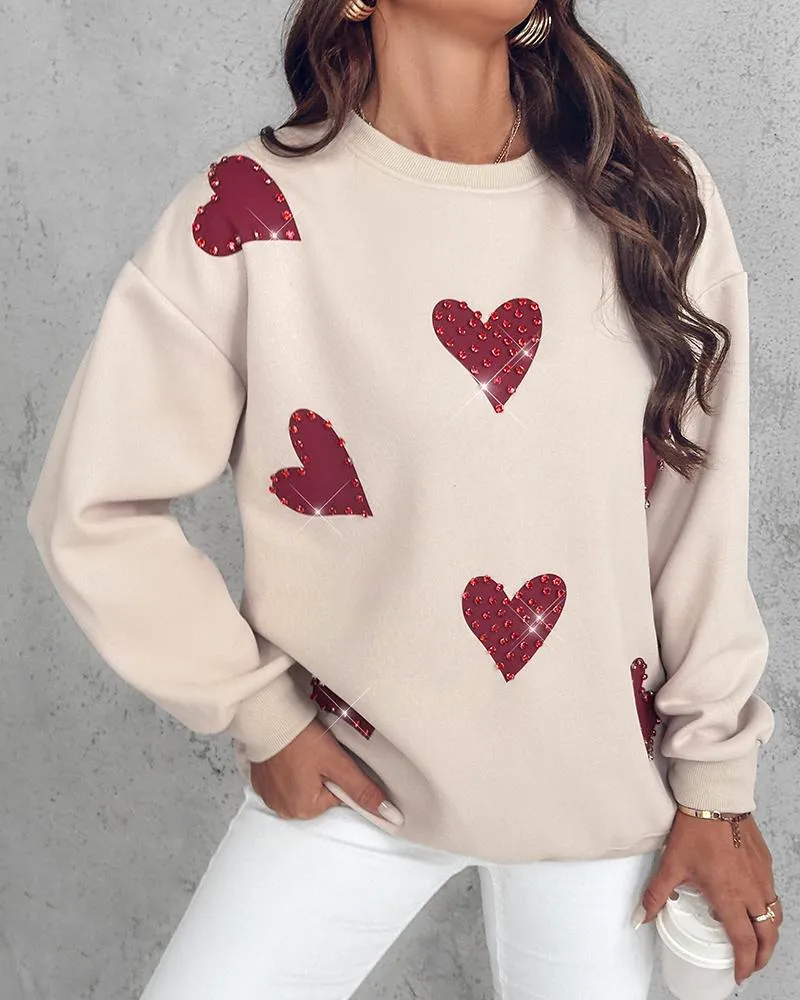 Heart Print Long Sleeve Rhinestone Decor Sweatshirt