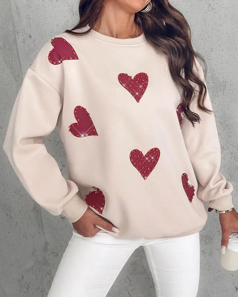 Heart Print Long Sleeve Rhinestone Decor Sweatshirt