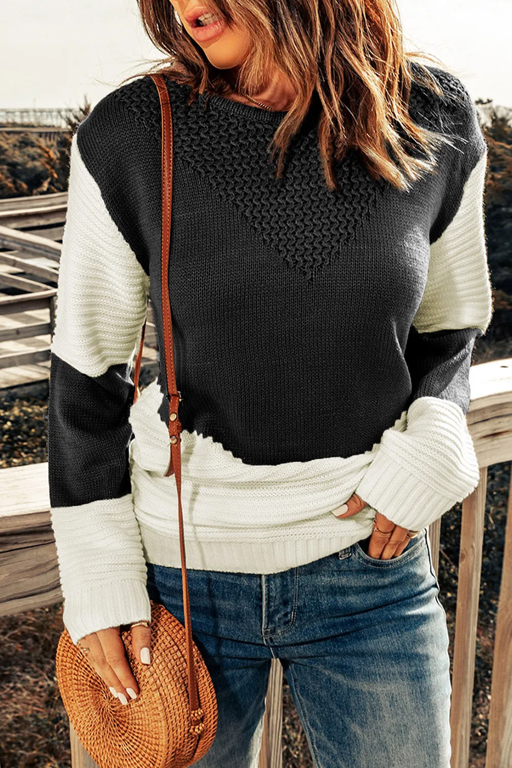 'Helsa' Two-Tone Openwork Rib-Knit Sweater (2 Colors)