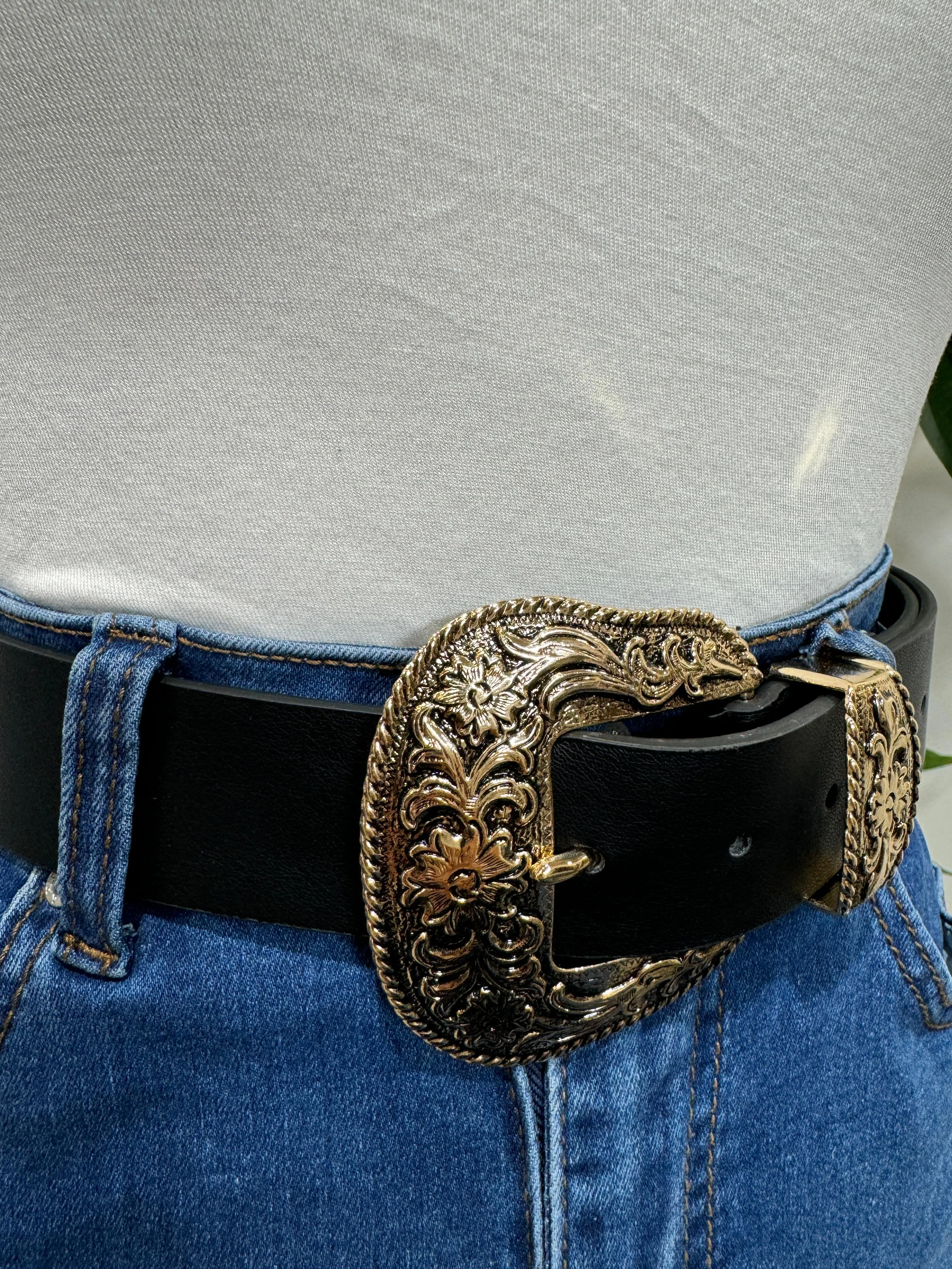 Irina - Black Leather Belt with Ornate Gold Buckle