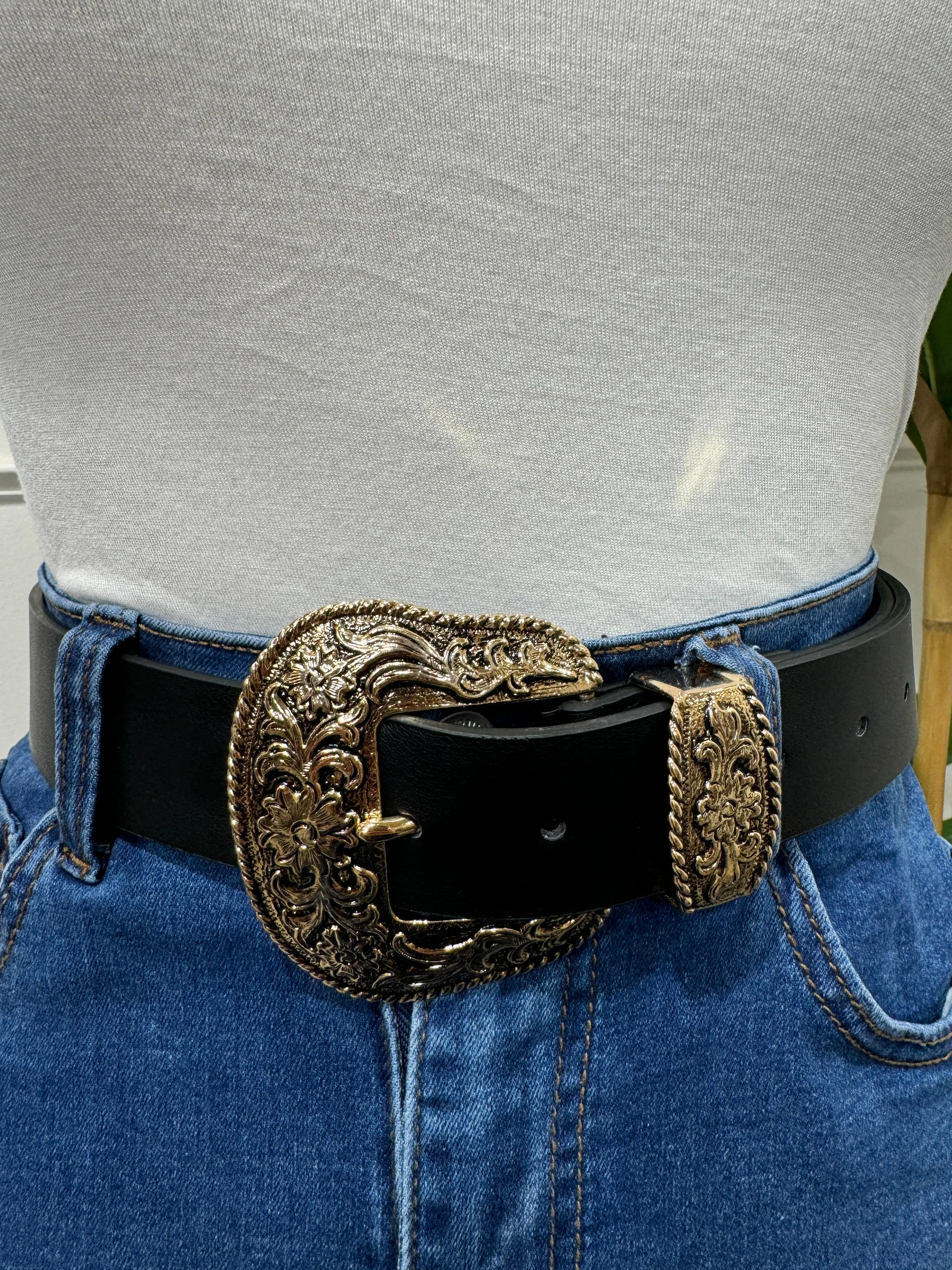 Irina - Black Leather Belt with Ornate Gold Buckle