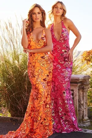Jovani 08462 Floral Print Embroidered V Neck Evening Prom Gown