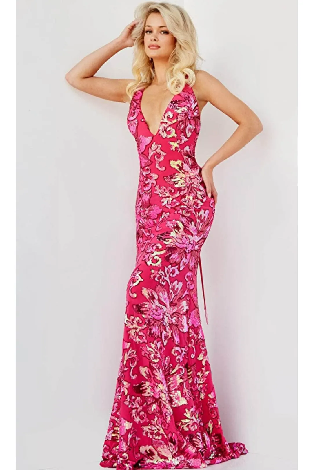 Jovani 08462 Floral Print Embroidered V Neck Evening Prom Gown