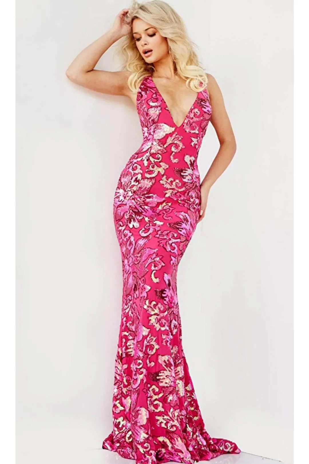 Jovani 08462 Floral Print Embroidered V Neck Evening Prom Gown