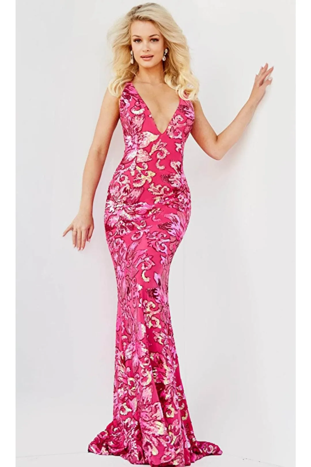 Jovani 08462 Floral Print Embroidered V Neck Evening Prom Gown