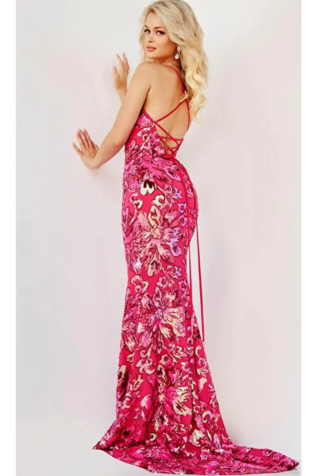Jovani 08462 Floral Print Embroidered V Neck Evening Prom Gown