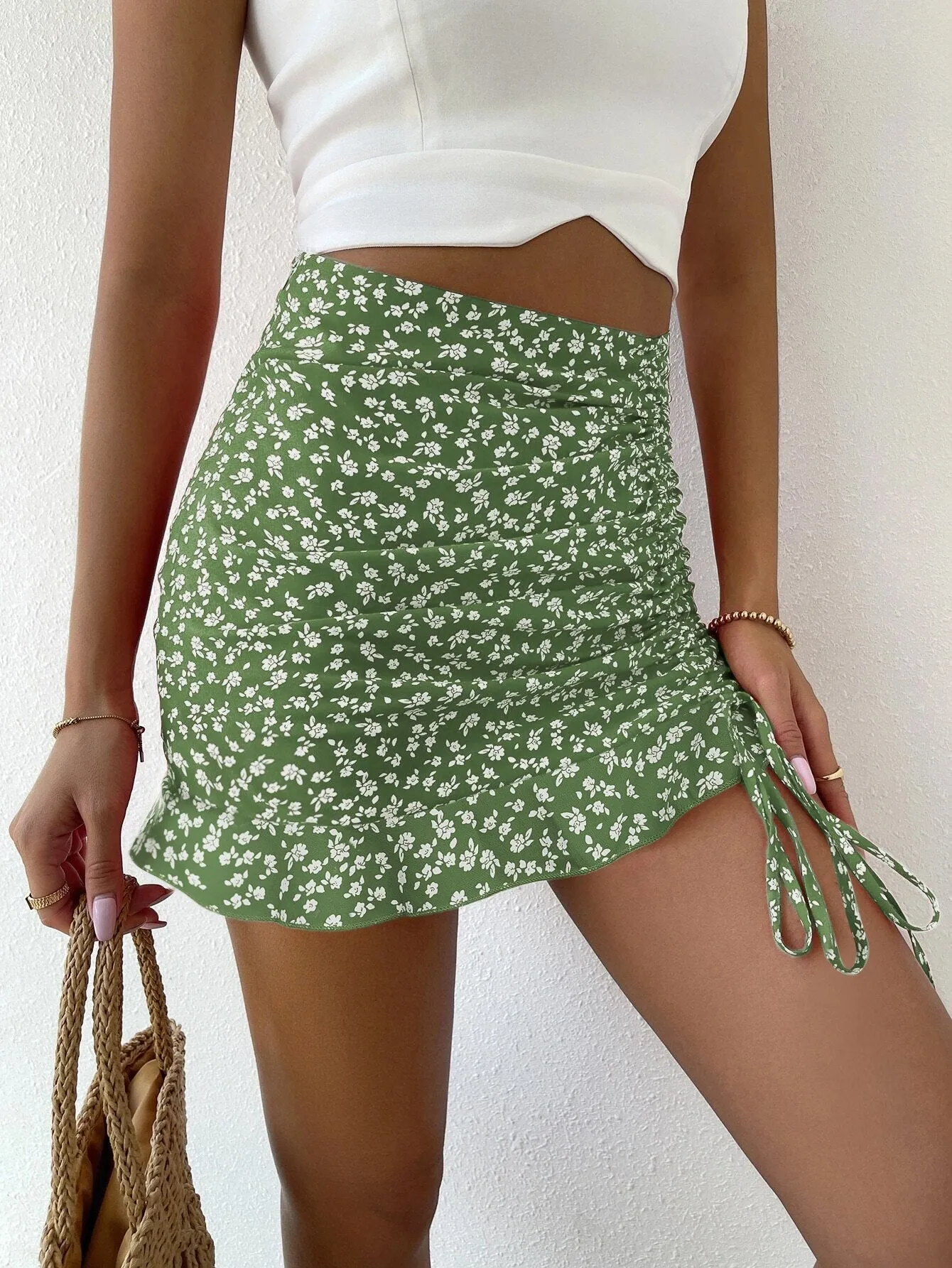 Knot Ruched Mermaid High Waist Ruffle Hem Mini Skirt