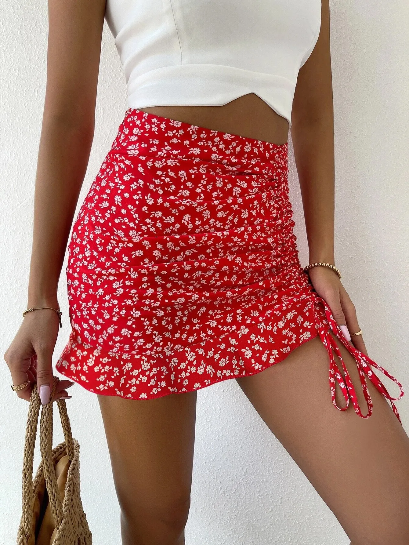 Knot Ruched Mermaid High Waist Ruffle Hem Mini Skirt