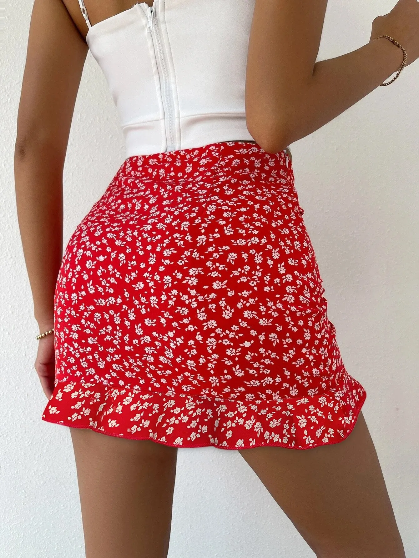 Knot Ruched Mermaid High Waist Ruffle Hem Mini Skirt