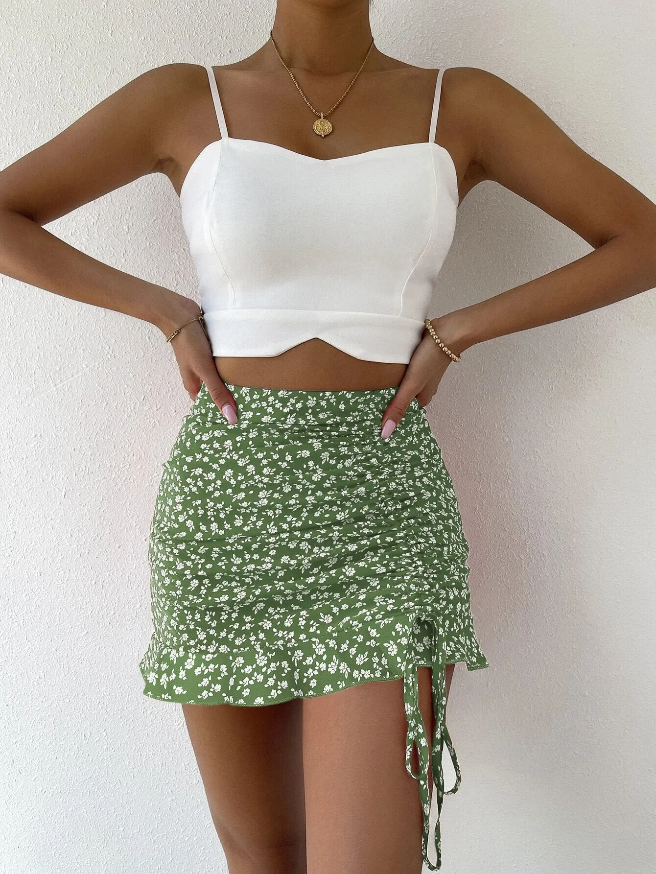 Knot Ruched Mermaid High Waist Ruffle Hem Mini Skirt