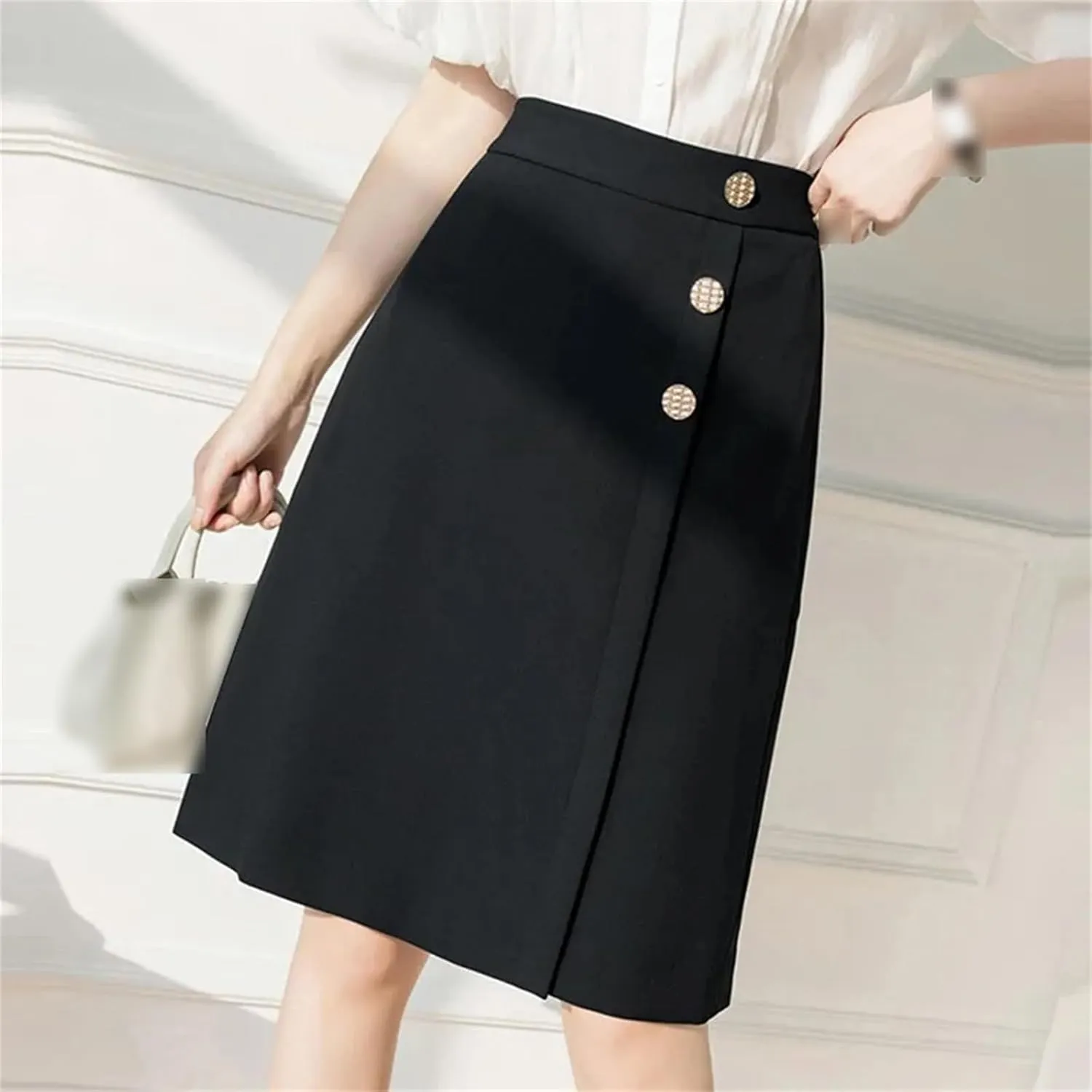 Ladies Elegant A-Line Skirts Summer Solid Color High Waist Women Knee-Length Pencil Skirts