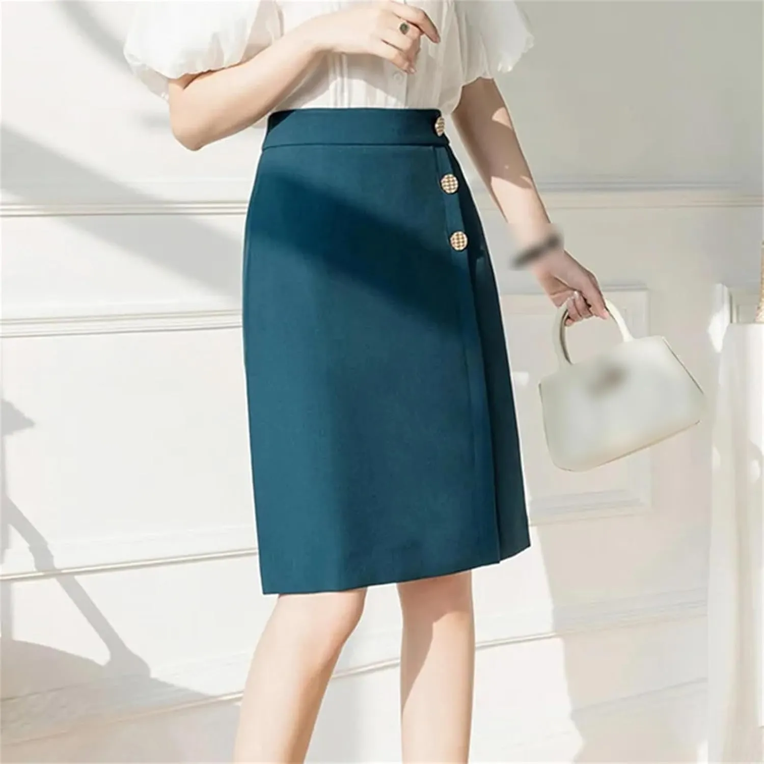 Ladies Elegant A-Line Skirts Summer Solid Color High Waist Women Knee-Length Pencil Skirts