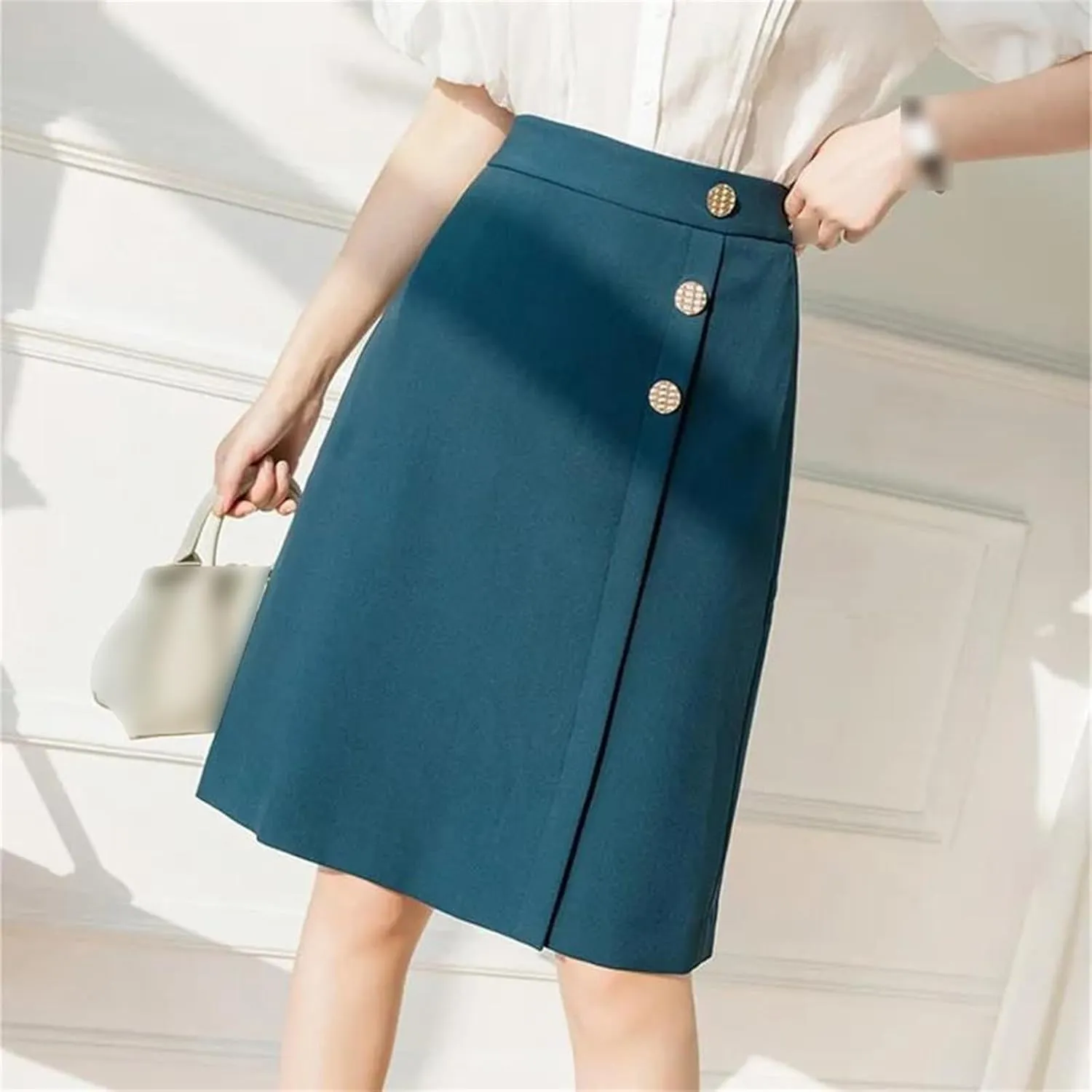 Ladies Elegant A-Line Skirts Summer Solid Color High Waist Women Knee-Length Pencil Skirts