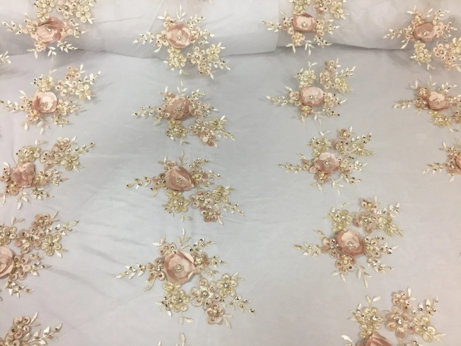 Lavish champagne 3D flower embroider and beaded on a mesh lace -Sold by yard