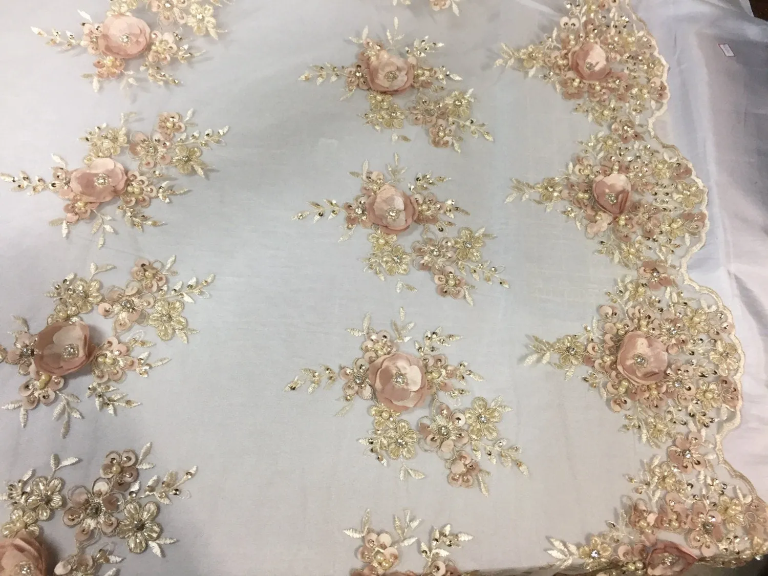 Lavish champagne 3D flower embroider and beaded on a mesh lace -Sold by yard