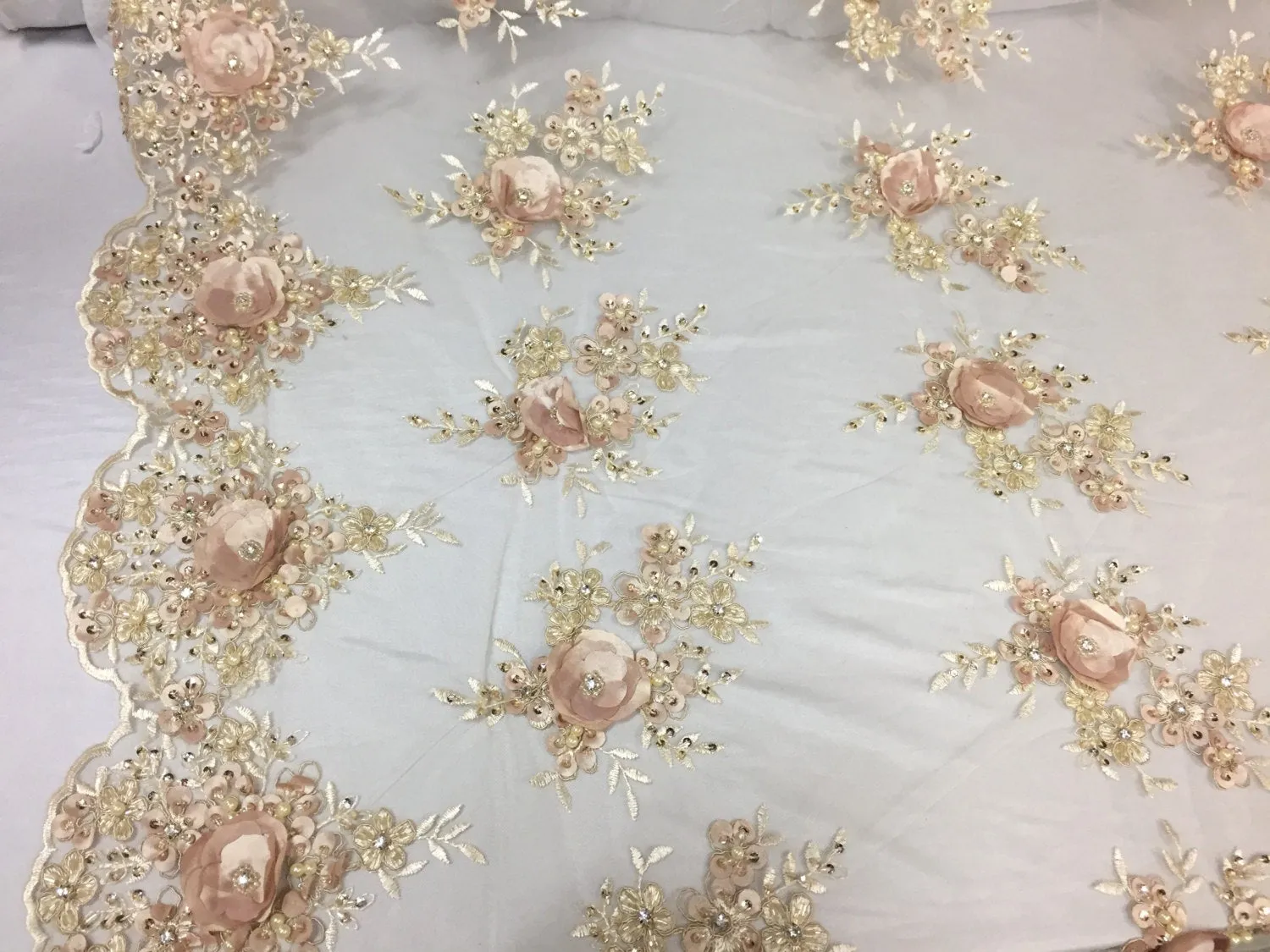 Lavish champagne 3D flower embroider and beaded on a mesh lace -Sold by yard