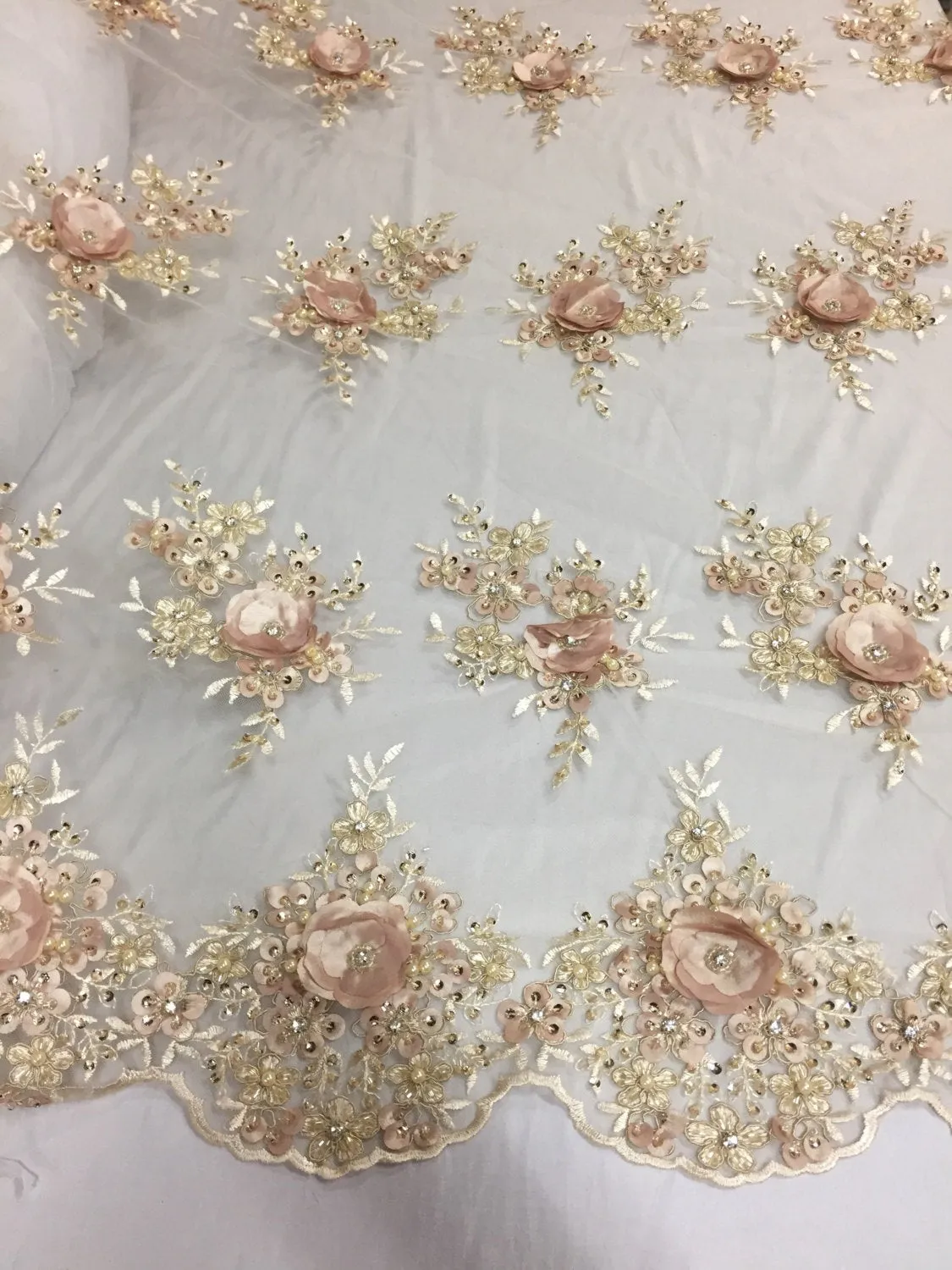 Lavish champagne 3D flower embroider and beaded on a mesh lace -Sold by yard
