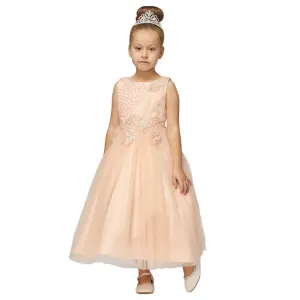 Little Girls Cream Pearl Bead Coiled Lace Satin Tulle Flower Girl Dress 4-6