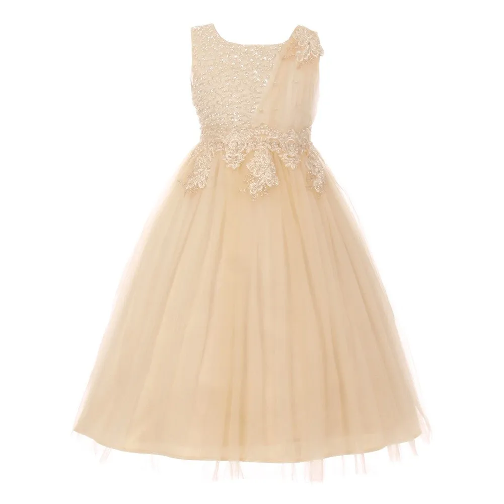 Little Girls Cream Pearl Bead Coiled Lace Satin Tulle Flower Girl Dress 4-6