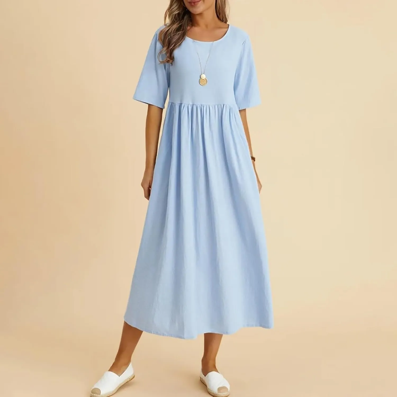 Loose Cotton and Linen Round Neck Five Point Sleeve Midi Dress Large Size Maxi Dress Casual Skirts for Women 2024
