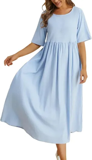 Loose Cotton and Linen Round Neck Five Point Sleeve Midi Dress Large Size Maxi Dress Casual Skirts for Women 2024
