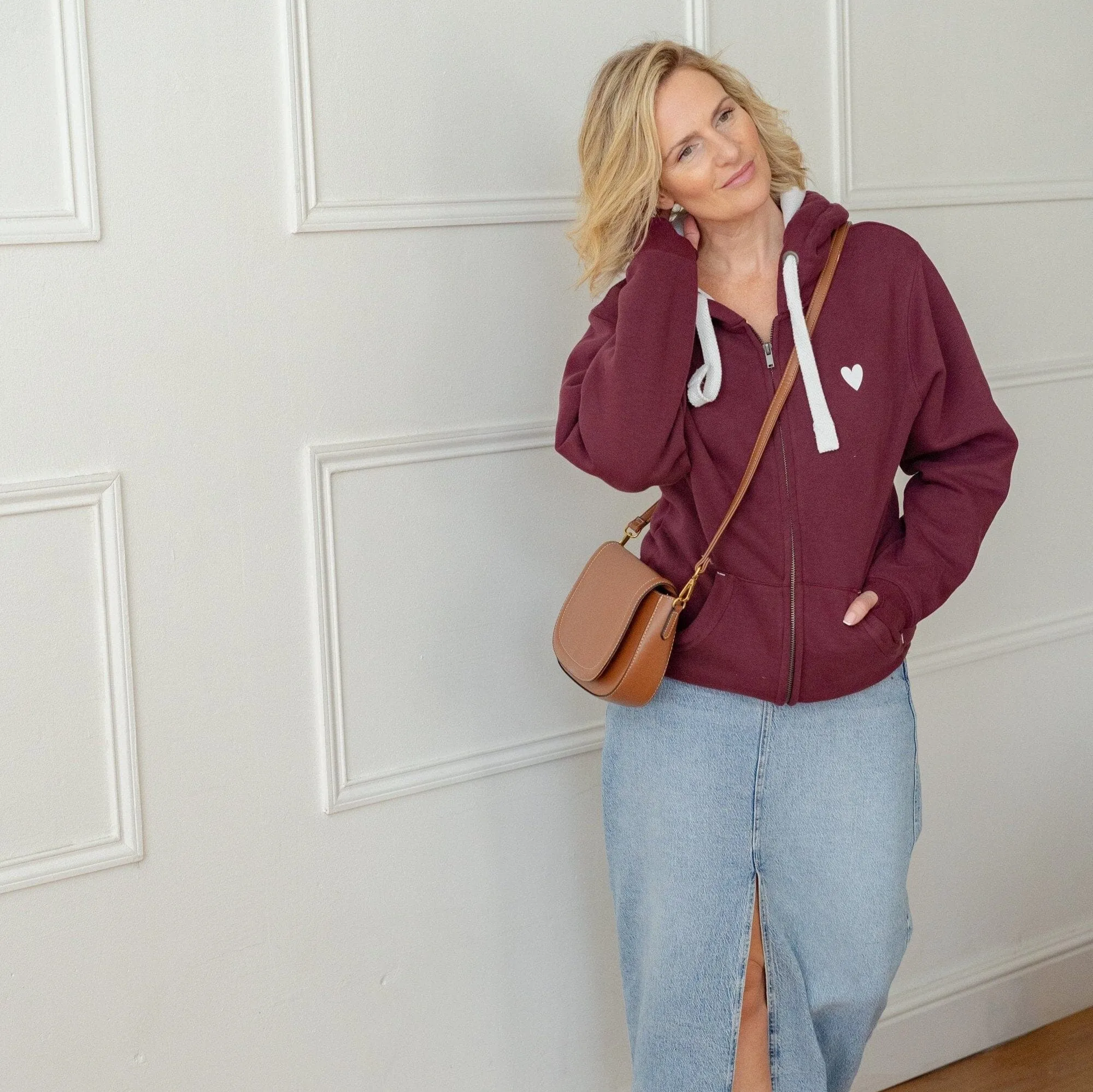 Luxe Burgundy Zip Up Hoodie with Heart