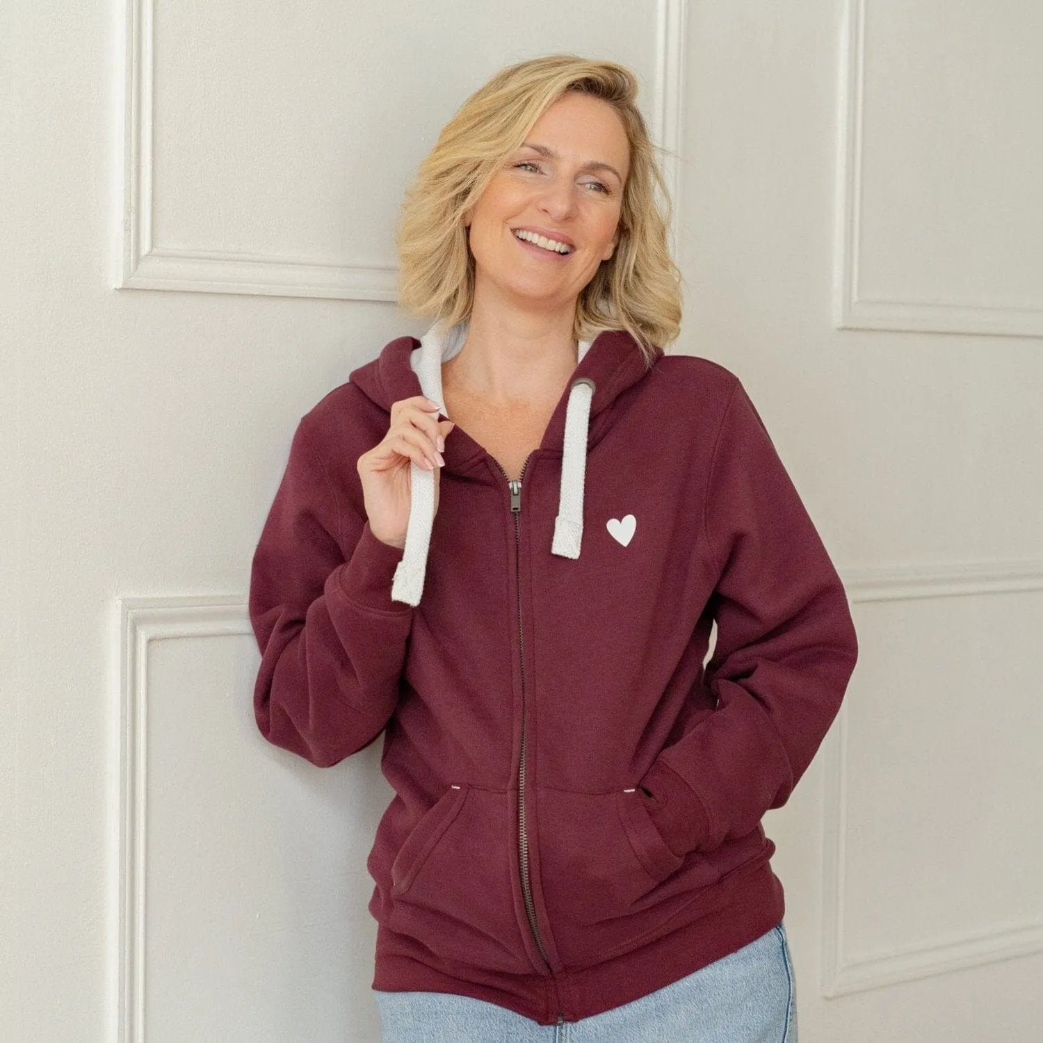 Luxe Burgundy Zip Up Hoodie with Heart