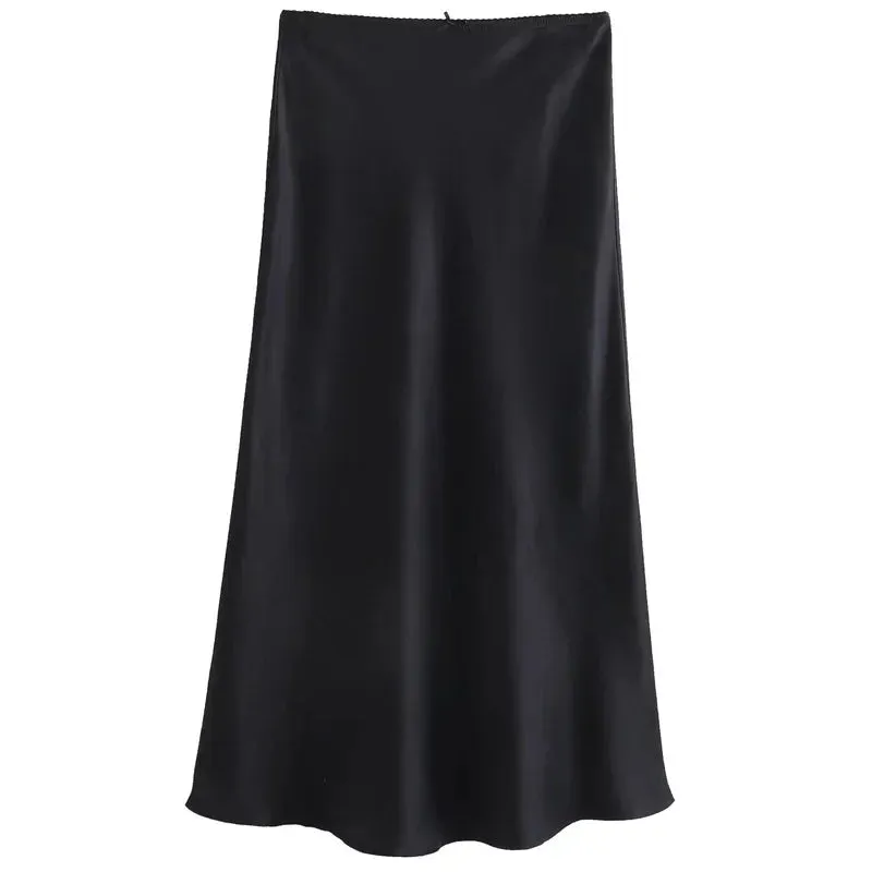 LVSANW BWQ Women Satin Midi Skirt Fashion Female High Waist Long Skirts Summer 2025 New In Skirt Luxury Elegant Ladies All-Match Skirt
