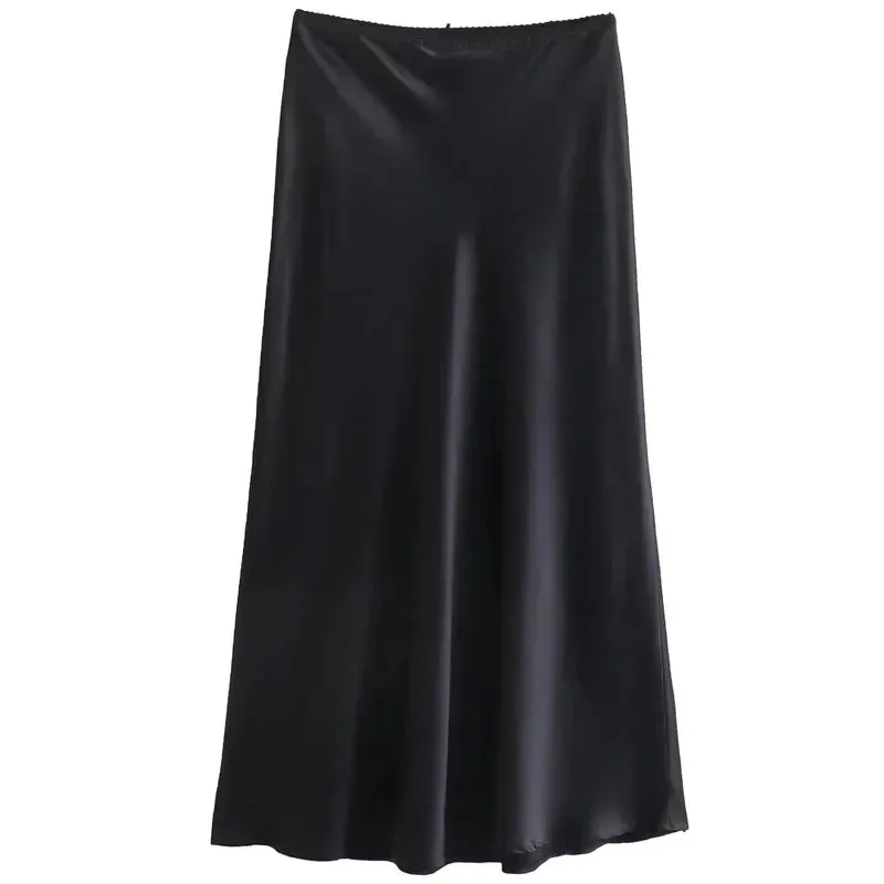 LVSANW BWQ Women Satin Midi Skirt Fashion Female High Waist Long Skirts Summer 2025 New In Skirt Luxury Elegant Ladies All-Match Skirt