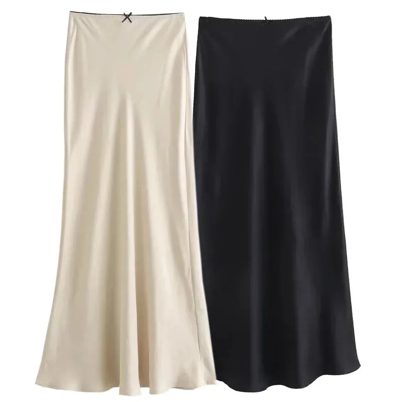 LVSANW BWQ Women Satin Midi Skirt Fashion Female High Waist Long Skirts Summer 2025 New In Skirt Luxury Elegant Ladies All-Match Skirt