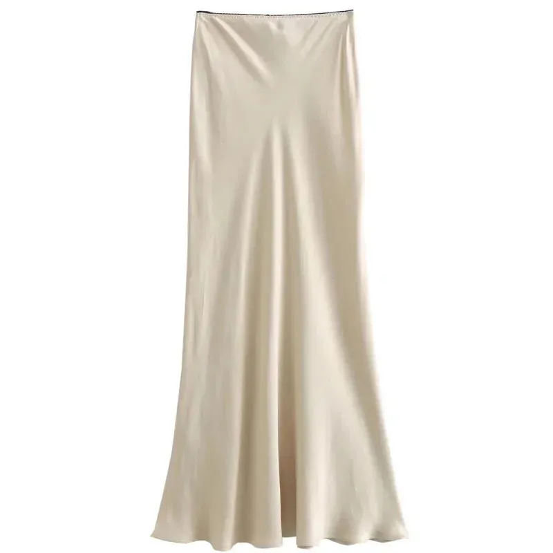 LVSANW BWQ Women Satin Midi Skirt Fashion Female High Waist Long Skirts Summer 2025 New In Skirt Luxury Elegant Ladies All-Match Skirt