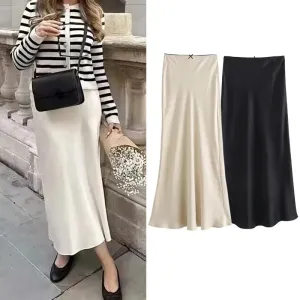 LVSANW BWQ Women Satin Midi Skirt Fashion Female High Waist Long Skirts Summer 2025 New In Skirt Luxury Elegant Ladies All-Match Skirt