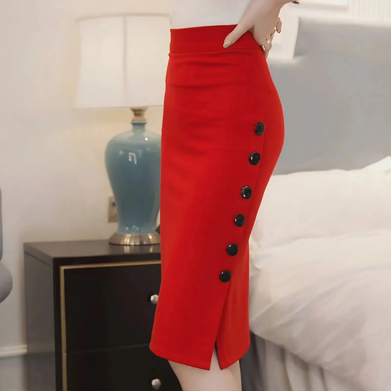 LVSANW Elegant Women Vintage Office Lady Slim Skirts High Waist Buttons Slit Pencil Skirts Women Summer Sexy S-3XL Stretch Midi Skirts