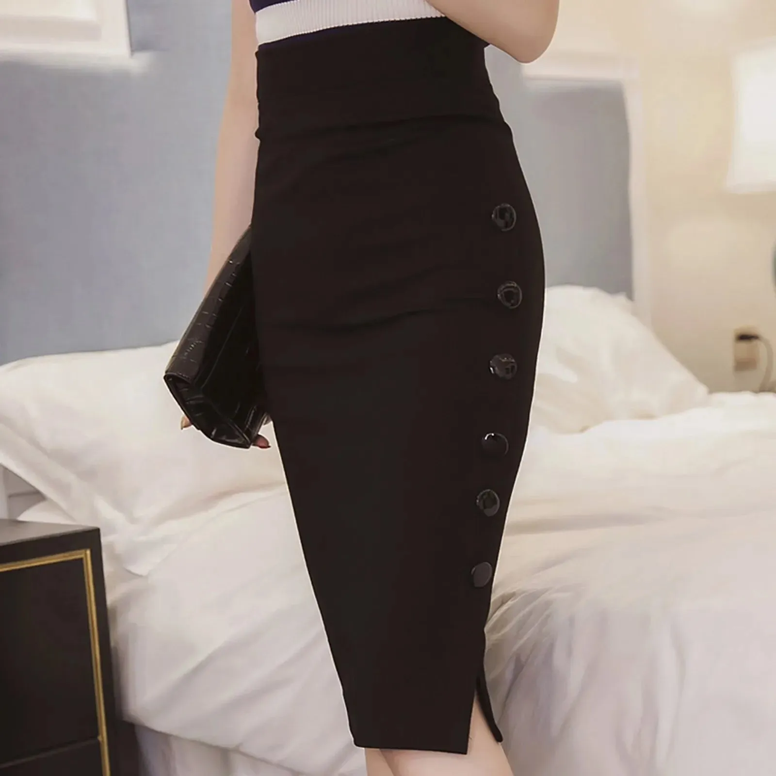 LVSANW Elegant Women Vintage Office Lady Slim Skirts High Waist Buttons Slit Pencil Skirts Women Summer Sexy S-3XL Stretch Midi Skirts