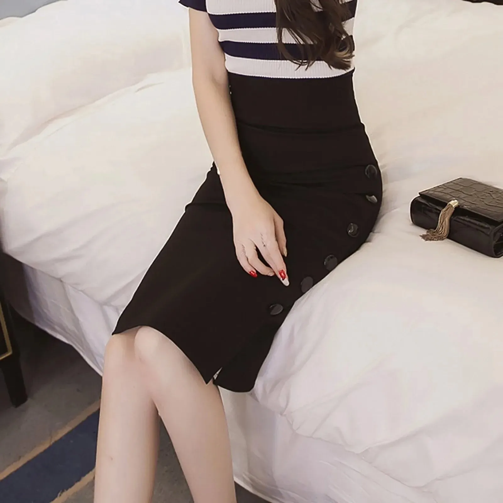 LVSANW Elegant Women Vintage Office Lady Slim Skirts High Waist Buttons Slit Pencil Skirts Women Summer Sexy S-3XL Stretch Midi Skirts