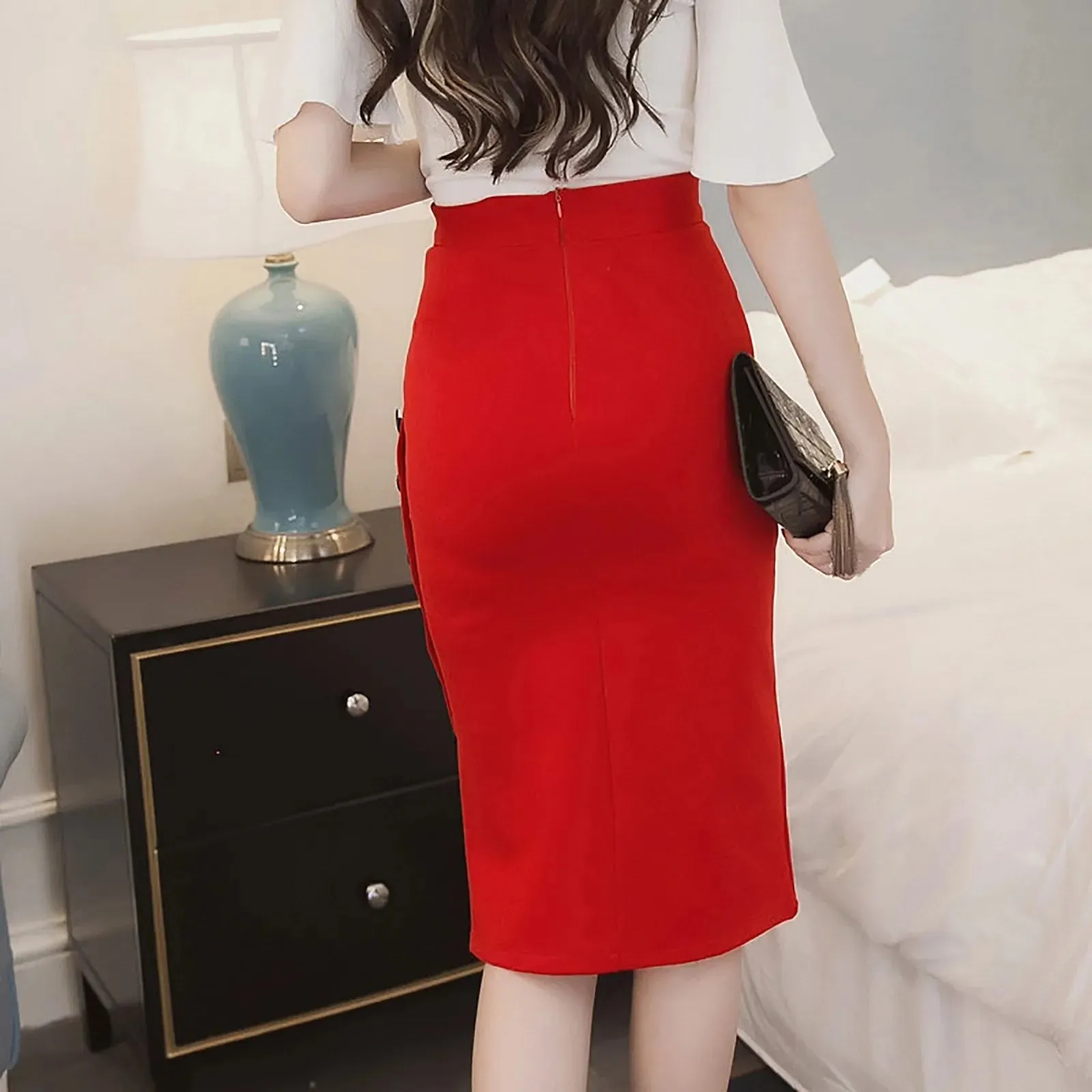 LVSANW Elegant Women Vintage Office Lady Slim Skirts High Waist Buttons Slit Pencil Skirts Women Summer Sexy S-3XL Stretch Midi Skirts