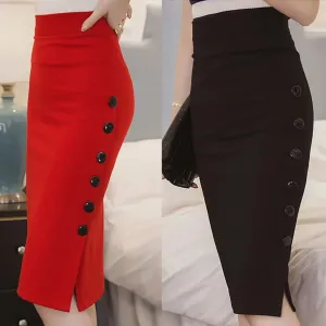 LVSANW Elegant Women Vintage Office Lady Slim Skirts High Waist Buttons Slit Pencil Skirts Women Summer Sexy S-3XL Stretch Midi Skirts