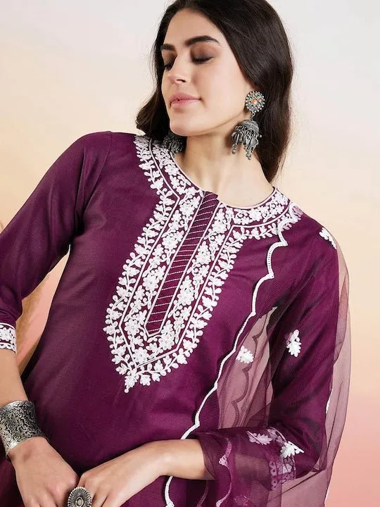 Maroon Floral Embroidered Straight Thread Work Kurta With Trousers & Dupatta