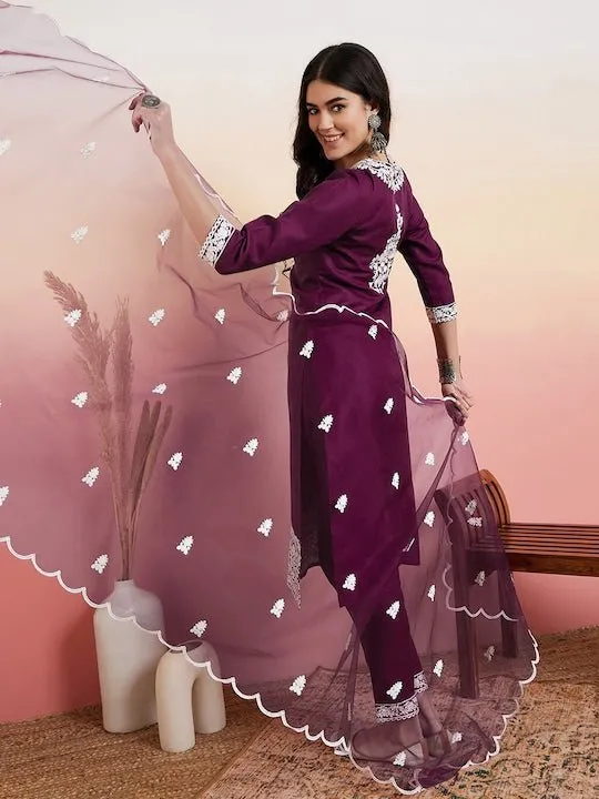 Maroon Floral Embroidered Straight Thread Work Kurta With Trousers & Dupatta