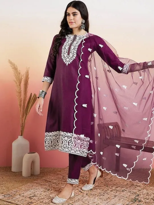 Maroon Floral Embroidered Straight Thread Work Kurta With Trousers & Dupatta
