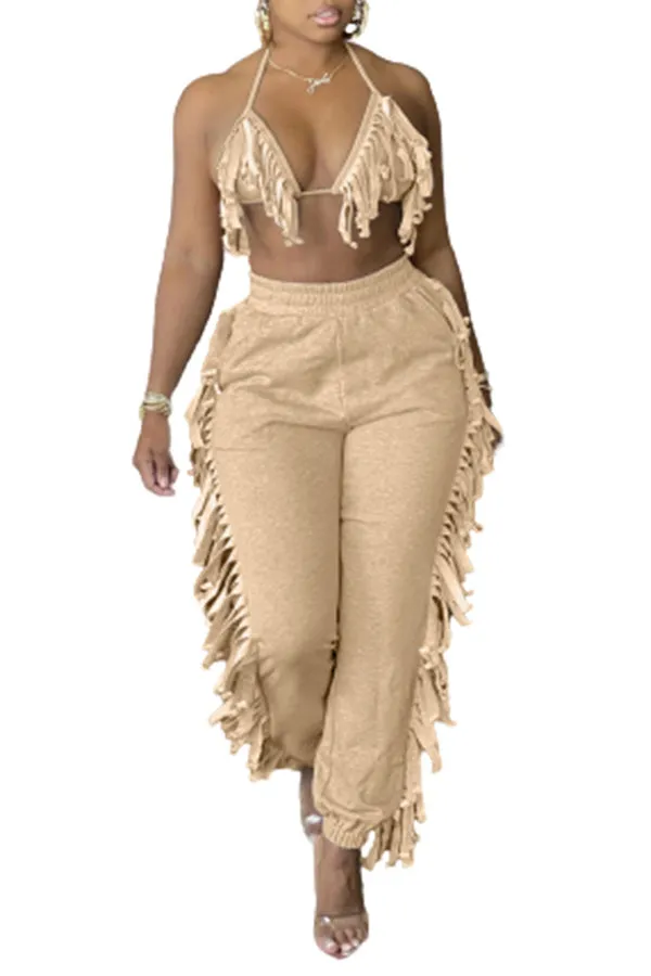 MB FASHION Fringe Halter Top and Jogger Pants Two-Piece Set 9177R