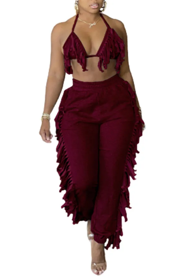 MB FASHION Fringe Halter Top and Jogger Pants Two-Piece Set 9177R