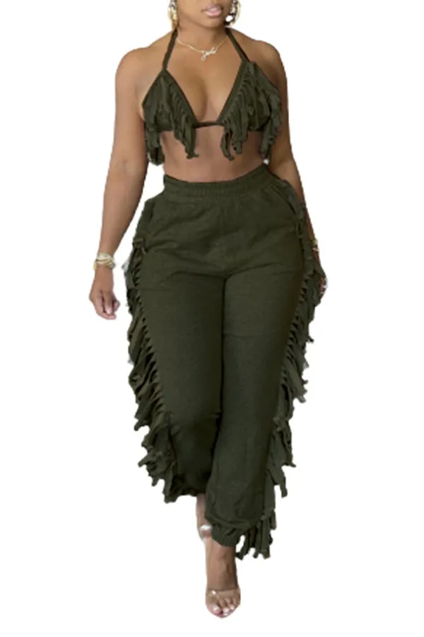 MB FASHION Fringe Halter Top and Jogger Pants Two-Piece Set 9177R
