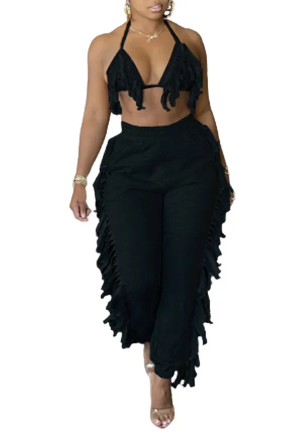 MB FASHION Fringe Halter Top and Jogger Pants Two-Piece Set 9177R