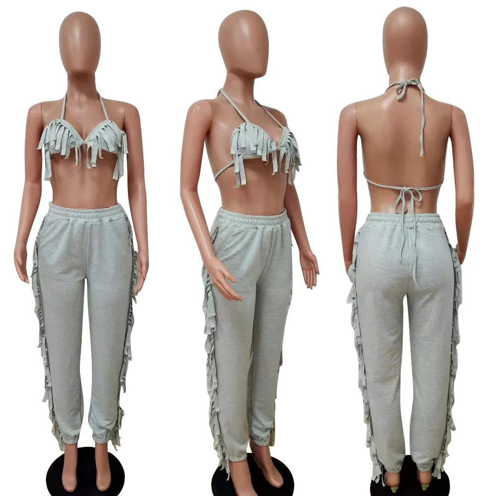 MB FASHION Fringe Halter Top and Jogger Pants Two-Piece Set 9177R